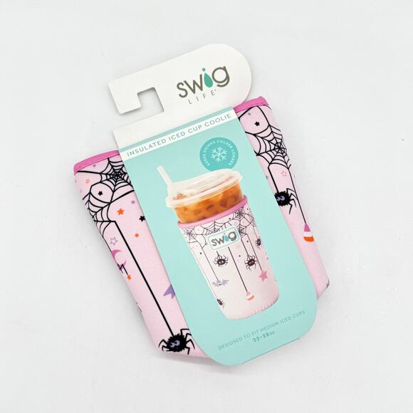 Swig Life Sweet & Spooky Pink Bats Spiders Medium Iced Coffee Drink Coolie NEW - Picture 1 of 7